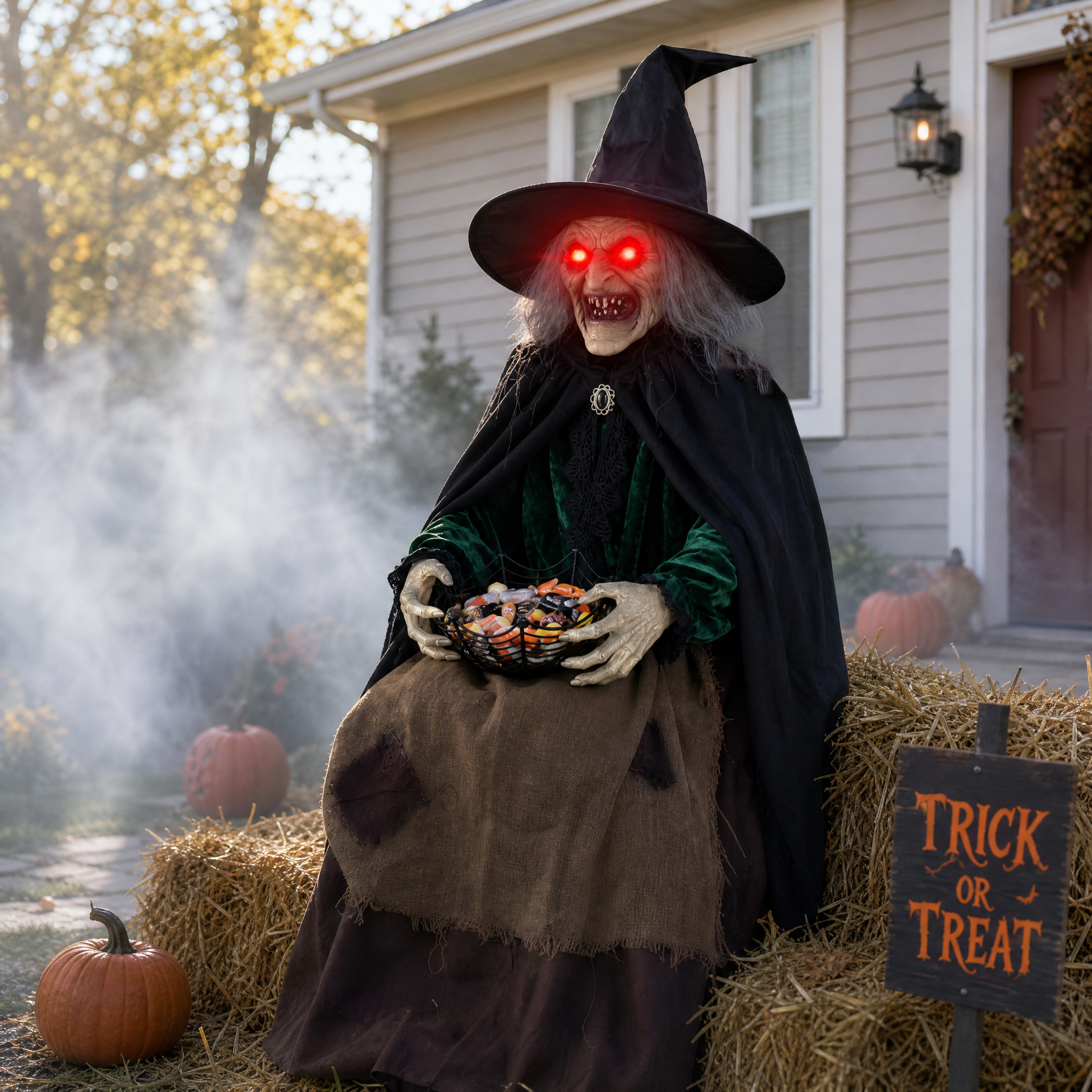 Hourleey animated sitting witch Halloween porch display